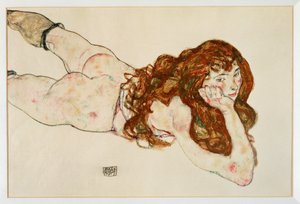 Ženský akt ležící na břiše - Akt na ... (kvaš a černá pastelka) od Egon Schiele