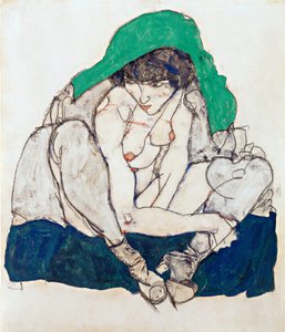 Krčící se žena se zeleným šátkem - Schiele, Egon (1890-1918) - 1914 - Černá křída, Kvaš na papíře - 47x31 - Leopold Museum, Vídeň od Egon Schiele