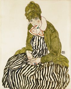 Edith Schiele v pruhovaných šatech, sedící. Dílo Egona Schieleho (1890-1918), tužka a kvaš na papíře od Egon Schiele