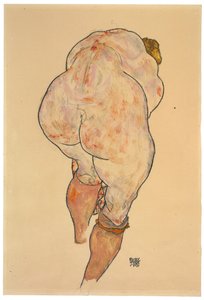 Ženský akt vytahování punčoch, pohled zezadu, 1918