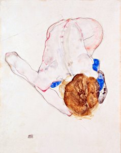 Nahá žena v modrých punčochách, předkloněná - Kvaš na papíře od Egona Schieleho (1890-1918) od Egon Schiele