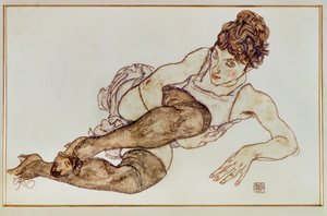 Žena s hnědými punčochami - Žena ... (kvaš a černá pastelka) od Egon Schiele