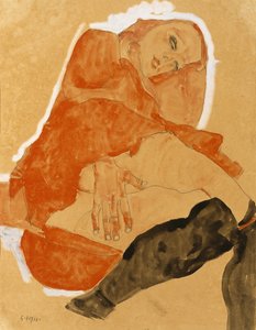 Dívka v červené róbě a černé punčochy od Egon Schiele