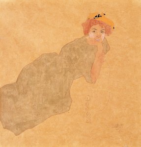 Dívka v olivově barevných šatech s podepřenou paží, 1908 od Egon Schiele