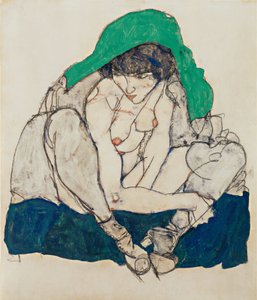 Dřepící žena se zeleným šátkem na hlavě od Egon Schiele