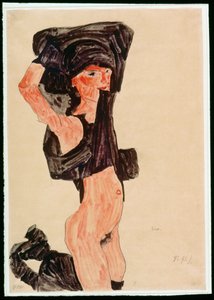Klečící dívka, svlékající se (kvaš, akvarel a tužka) od Egon Schiele
