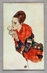 Portrét herečky Margy Boernerové s pudřenkou ... (kvaš a černá pastelka) od Egon Schiele