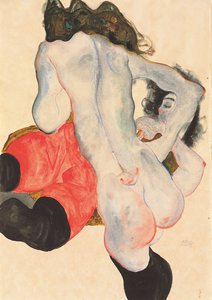 Ležící žena v červených kalhotách a stojící ženský akt, 1912