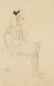 Sedící dívka s mašlí ve vlasech, 1909 od Egon Schiele