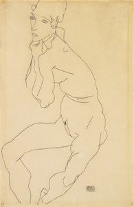 Sedící ženský akt s rukou na bradě, 1914 od Egon Schiele