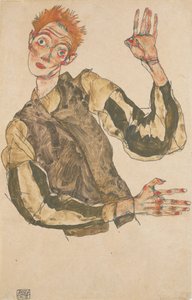 Autoportrét s pruhovanými chrániči rukávů od Egon Schiele