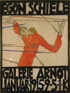 Autoportrét jako Saint Sebastian, návrh plakátu pro výstavu v Galerii Arnot, 1914 (kvaš, černá pastelka a inkoust na kartonu)