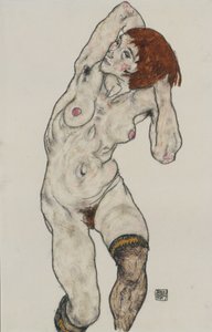 Stojící akt v černých punčochách, 1917 (wc a dřevěné uhlí na papíře)