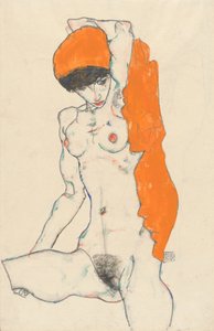 Stojící akt s oranžovým závěsem, 1914 (wc, kvaš a grafit na papíře)