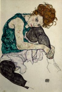 Umělcova žena, asi 1917 (kvaš, akvarel a černá pastelka na papíře) od Egon Schiele