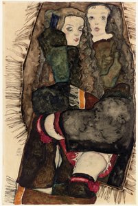 Dvě dívky na přikrývce s třásněmi; Dvě dívky na přikrývce s třásněmi, 1911 od Egon Schiele