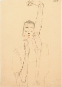 Mladý muž se zdviženou paží a červenými ústy; Autoportrét se zdviženou levou paží a červenými ústy, 1909 od Egon Schiele