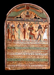 Egyptský starověk: pohřební stéla velekněze: Osiris vítá zesnulého přítomného v Anubisovi, za ním božstva Isis, Nephtis (Nephtys nebo Neftis), Horus, Hathor. 3.-2. století před naším letopočtem. turín, Egyptské muzeum - Egyptské starožitnosti: pohřební sté od Egyptian