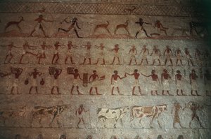 Nekropole Beni-Hasan. Hrobka Amenemhat, detail: nástěnné malby zobrazující lovecké scény a život na venkově
