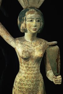 Nositelka obětin nesoucí v ruce vázu na vodu a nádobu na hlavě, Egypt, Střední říše, cca 1950 př. n. l. (štukované a malované fíkové dřevo) (detail 93791)