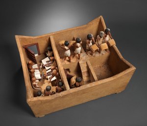 Model sýpky s písaři z hrobky Meketre, kolem 1981–1975 př. (dřevo, sádra, barva, len, obilí)