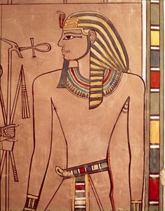 Amenhotep II (asi 1427-1392 př.nl) s ankhem zvednutým ke rtům ze sarkofágové komory jeho hrobky, Nová říše (malovaný vápenec) od Egyptian 18th Dynasty