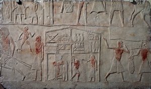 Uspořádání potravin ve skladech, vápencový nástěnný reliéf, z Memfitské hrobky Horemheba v Sakkáře, Egyptská civilizace, Nová říše, dynastie XVIII od Egyptian 18th Dynasty
