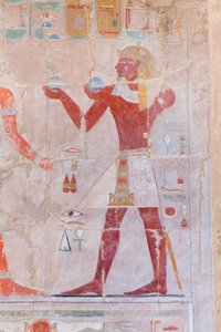 Basreliéfní obraz zobrazující faraona přinášejícího obětiny, chrám Hatšepsut v Deir Al Bahari, Luxor, Egypt (foto) od Egyptian 18th Dynasty