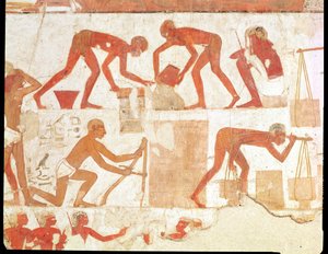 Stavba zdi z hrobky Rekhmire, vezíra Tuthmosis III a Amenhotep II, Nová říše (nástěnná malba) (podrobnosti viz 202228) od Egyptian 18th Dynasty