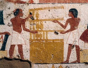 Egypt, Luxor, Západní Théby, Údolí vznešených. Hrob Nenamon a Ipuki. Freska zobrazující tesaře při práci. (Nová říše, dynastie XVIII) od Egyptian 18th Dynasty