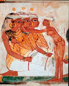 Egyptské umění: Tomb of Nakht. Toaleta: pokojská pomáhá třem ženám držícím lotosové květy oblékat si šperky před smuteční hostinou. Freska z Luxoru (místo Théb, nekropole šejka Abd al-Gournah (Gournah), levý břeh Nilu, Egypt. od Egyptian 18th Dynasty
