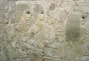 Egyptský starověk: basreliéf představující hosty smuteční hostiny - Hrobka vezíra Ramose (18. dynastie) - Luxor, Théby, Hrobka vznešených Egypt - Egyptská civilizace: Basreliéf zobrazující hosty na smuteční hostině, z Hrobky sv. od Egyptian 18th Dynasty