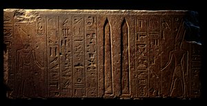 Egyptský starověk: detail ryté fresky zobrazující královnu Hatšepsut (vlevo) a dva obelisky v Amonově chrámu - 15. rok její vlády (1475-1468 př. n. l.) 18. dynastie - Luxor, Egyptské muzeum umění od Egyptian 18th Dynasty