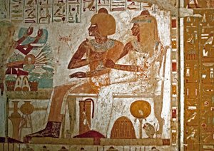 Egyptský starověk: obraz zdobící hrobku Userhata (Ursehat) (TT56) vysokého úředníka lázní (18. dynastie), který jej zastupuje s manželkou Mutneferet (Moutneferet) přijímající obětiny (náhrdelník, tác s lotosovým květem a jídlo). Luxor, Západní Ban od Egyptian 18th Dynasty
