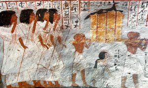 Egyptský starověk: průvod s nosiči baldachýnových nádob používaných ke sbírání vnitřností zesnulého. Obraz Royovy hrobky od Egyptian 18th Dynasty
