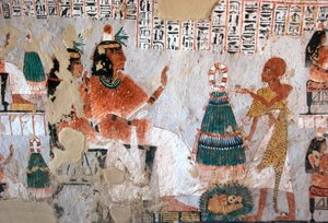 Egyptský starověk: reprezentace Roye a jeho manželky Nebtawy čelí veleknězi. Obraz hrobky Roy (TT255). 18. dynastie. Ze západního břehu Luxoru v Egyptě od Egyptian 18th Dynasty