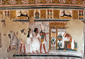 Egyptská antika: Horus vede Roye a jeho ženu k Osirisovi. Fragmenty fresky z Royovy hrobky (TT255). 18. dynastie. Ze západního břehu Luxoru, Egypt od Egyptian 18th Dynasty