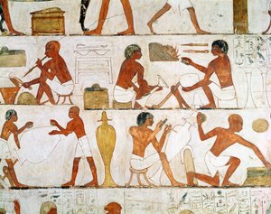 Rytí a leštění váz do zlata a stříbra z hrobky Rekhmire od Egyptian 18th Dynasty