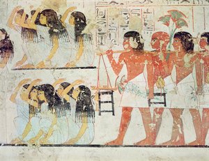 Skupina truchlících v pohřebním průvodu Ramose, z hrobové kaple Ramose, Nová říše, cca 1360 př. n. l. (nástěnná malba) od Egyptian 18th Dynasty
