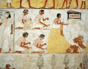 Sklizeň úrody, mlácení a dobývání obilí, detaily z fresek ve vestibulu hrobky Menna, nekropole Sheikh Abd el Qurnah, Luxor, Théby (Seznam světového dědictví UNESCO od Egyptian 18th Dynasty