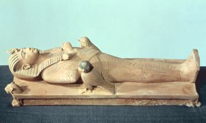 Obrázek krále na jeho pohřebním loži, z hrobky Tutanchamona (asi 1370-52 př.nl) Nová říše (dřevo)
