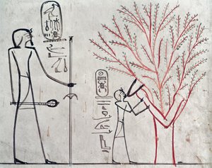 Isis se proměnila v platan kojící Tuthmosis III (asi 1479-1425 př. n. l.) (nástěnná malba) od Egyptian 18th Dynasty