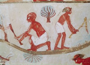 Dělník a dřevorubec v práci, z Tomb of Nakht, New Kingdom (nástěnná malba) od Egyptian 18th Dynasty
