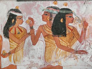 Dámy nabízející citron a kořen mandragory jiné dámě během hostiny (nástěnná malba) od Egyptian 18th Dynasty