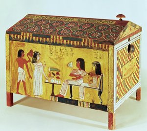Malovaná truhla s banketovou scénou z hrobky Kha (d.c.1390-52 př.nl) nalezená v Deir el-Medina, Nová říše (dřevo)