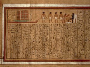 Papyrus s hieroglyfy "Knihy mrtvých" a polychromovanými ilustracemi z hrobky Kha v Thébách. Nová říše, dynastie XVIII od Egyptian 18th Dynasty
