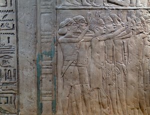 Knížata z Núbie, Libye, Sýrie a Palestiny přicházející vzdát hold králi, basreliéf z vápence, z Memfitské hrobky Horemheba v Sakkáře, Egyptská civilizace, Nová říše, dynastie XVIII od Egyptian 18th Dynasty