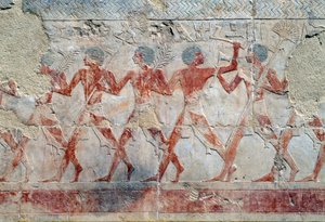 Procesní scéna, východní stěna, horní nádvoří, Hatšepsutin chrám, Deir el-Bahari, thébská nekropole (Seznam světového dědictví UNESCO) od Egyptian 18th Dynasty