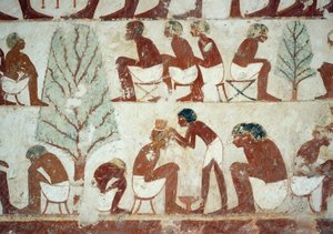 Ostříhaní vojáci, detail z fresek v Tomb of Userhat, Sheikh Abd el Qurnah Necropolis, Luxor, Théby (Seznam světového dědictví UNESCO od Egyptian 18th Dynasty