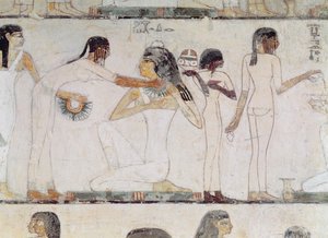 Toaleta šlechtičen, z hrobky Rekhmire, vezíra Tuthmosis III a Amenhotep II, Nová říše (nástěnná malba)